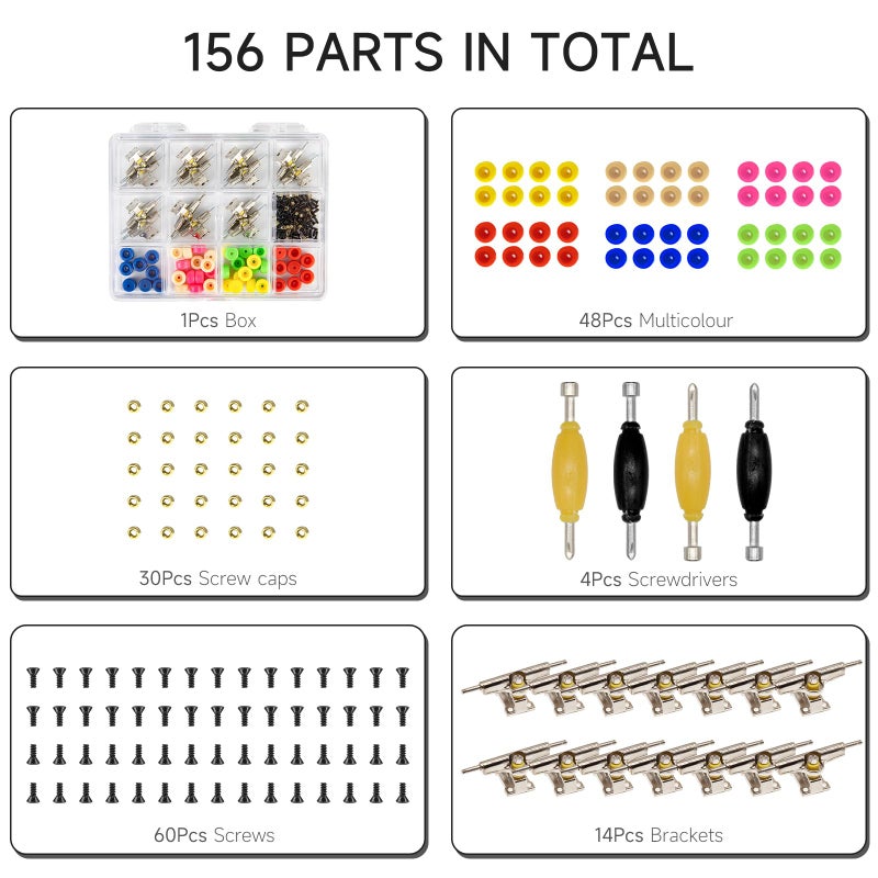 DisplayMore Fingerboard Repair Kit -Includes Box & Tools-Mini 96mm Finger Skateboard Parts Include 14 Brackets 48 Multicolour Wheels 60 Screws 30 Nuts 4 Screwdriver(Trucks-31mm & Box) - Image 4